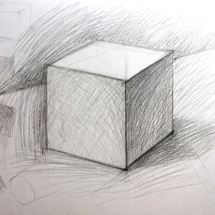 Линейный рисунок. Кубик простым карандашом. 