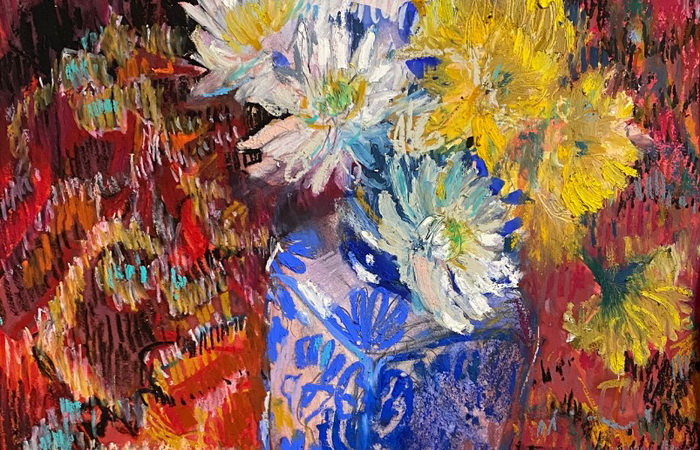 Цветы в голубой вазе. Урок по масляной пастели Ольги Гусевой
